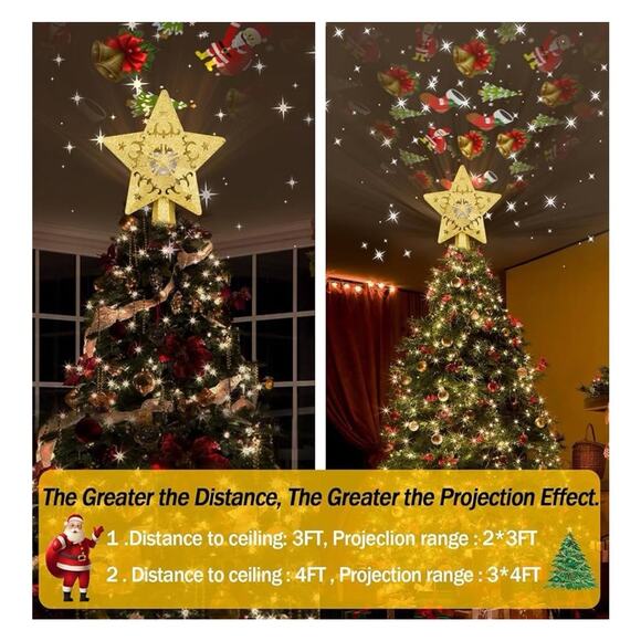 Christmas Tree Topper Lighted LED Star Snowflake Projector Rotating Lamp Gold - Picture 1 of 3